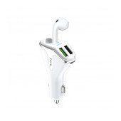 Car Charger Hoco E47 Traveller with Wireless Headset, Dual USB QC3.0 DC5V and 18W White