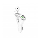 Car Charger Hoco E47 Pro Traveller with Wireless Headset, Dual USB QC3.1 DC5V and 18W White