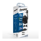 Travel Charger Energizer Universal Converter US EU UK, USB-C Port 20W USB-C/USB-C Cable Black