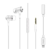 Hands Free Energizer UIL35 Metal Stereo 3.5 mm with Lightning Adapter MFI to 3.5 mm and Power Buttons 1.2 White