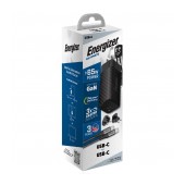 Energizer A65MUC Travel Charger with USB-C to USB-C PD65W Cable and USB-C USB-A Output EU / UK / US Black GaN Tech
