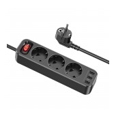 Power Strip Hoco NS2 with 3 x Inlet Sockets 4000W + 3 x USB-A output ports 5V/2.4A and On / Off Switch with Cable 1.8 m Black