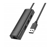 Hub USB Hoco HB42 Easy Safety 4-in-1 USB to 3xUSB 3.0 480Mbps and RJ45 100Mbps1.2m Black